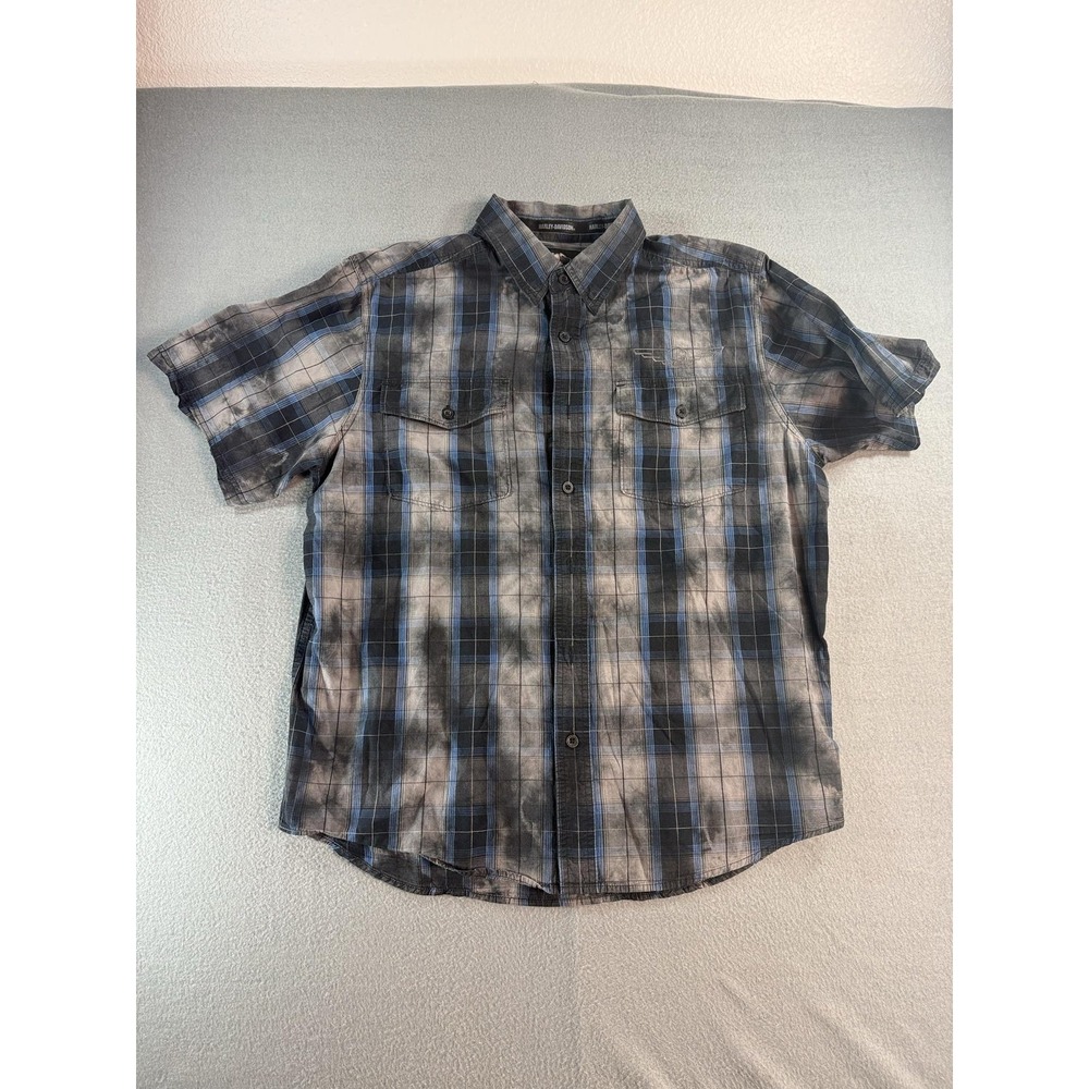 Harley-Davidson Shirt Mens XL Gray Plaid Short Sleeve Button Up Logo Skull Back